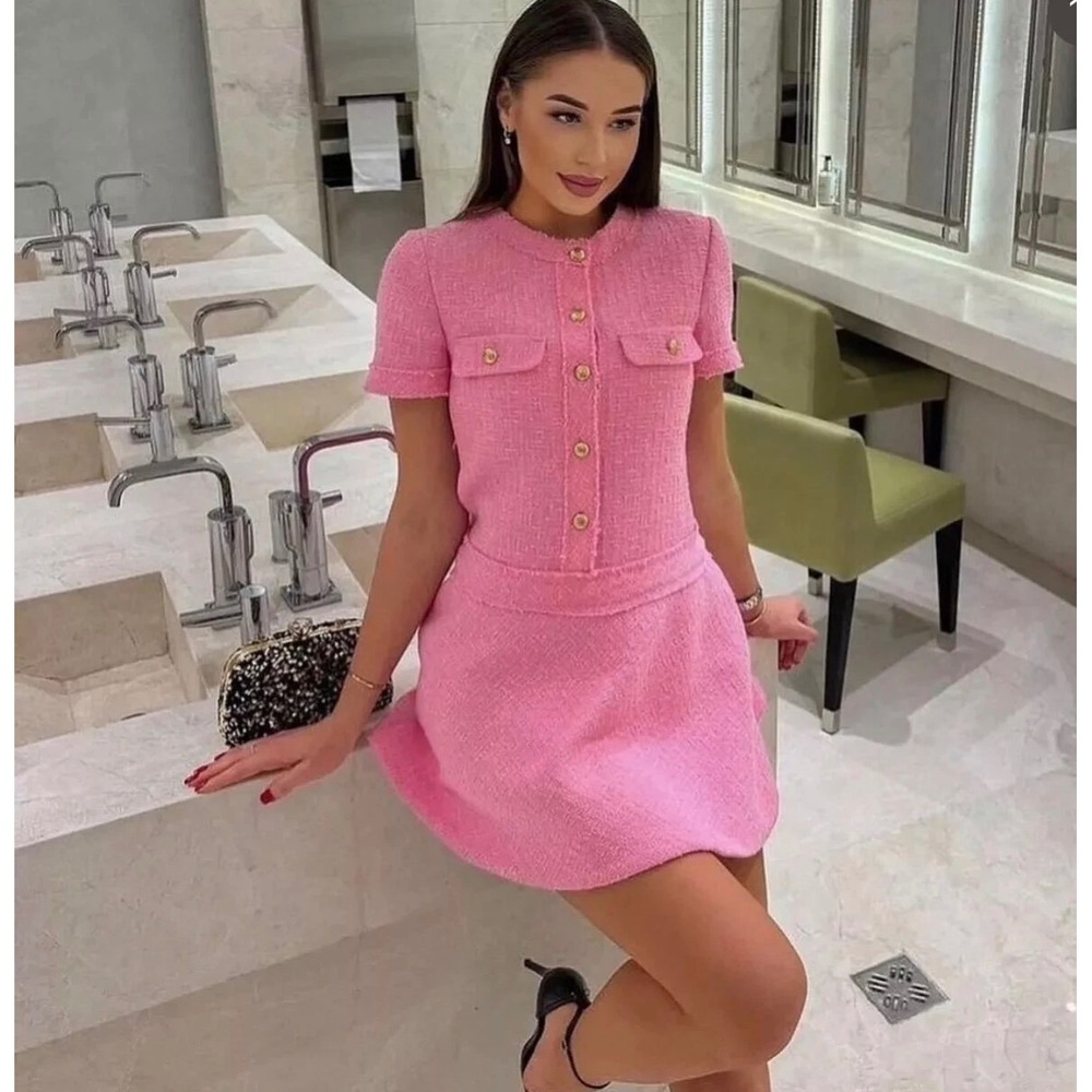 Zara Tweed Mini Dress Womens Small Pink Short Sleeve Blogger Fave Preppy‎ *Flaw - Picture 2 of 15
